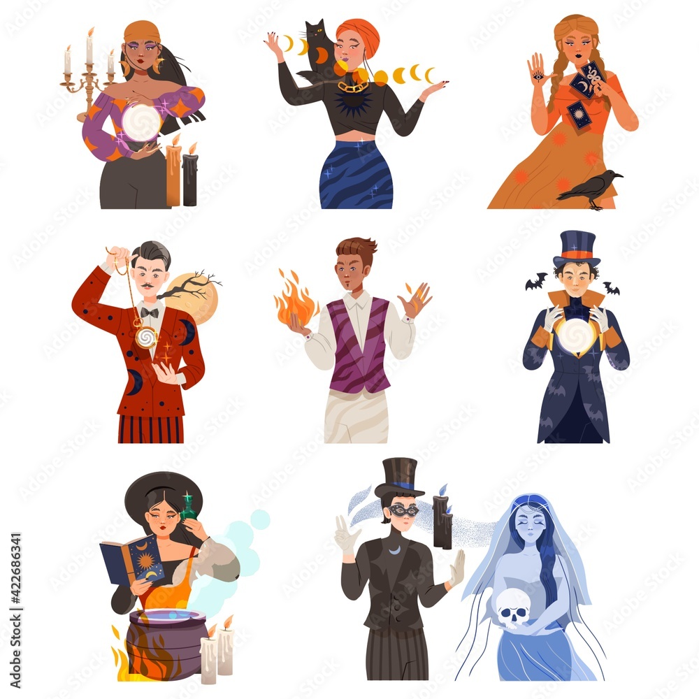 Man and Woman Fortune Teller, Psychic and Hypnotist Predicting Future and Performing Occult Ritual Vector Illustration Set Man and Woman Fortune Teller, Psychic and Hypnotist Predicting Future and Performing Occult Ritual Vector Illustration Set