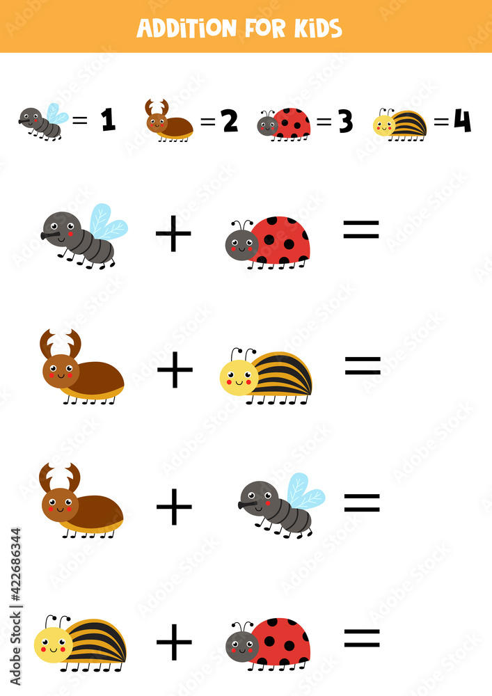Addition for kids with cute cartoon insects.