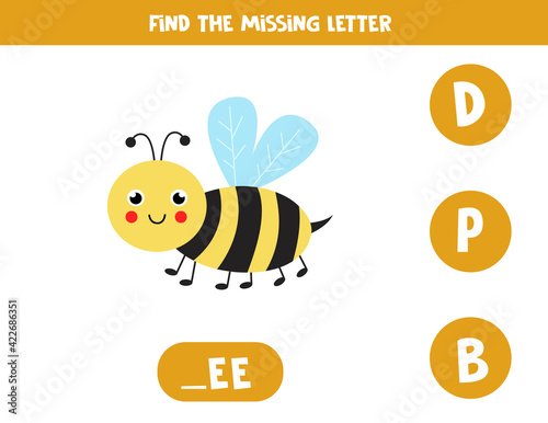 Find missing letter with cute bee. Spelling worksheet.