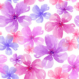 Seamless summer floral pattern with pink watercolor flowers on white background.