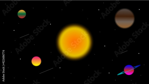 Illustration drawing of the sun with stars and planets.