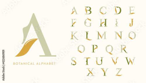 Vector Floral Alphabet with decorative leafs elements. Modern elegance font with uppercase letters. Vector Illustration.