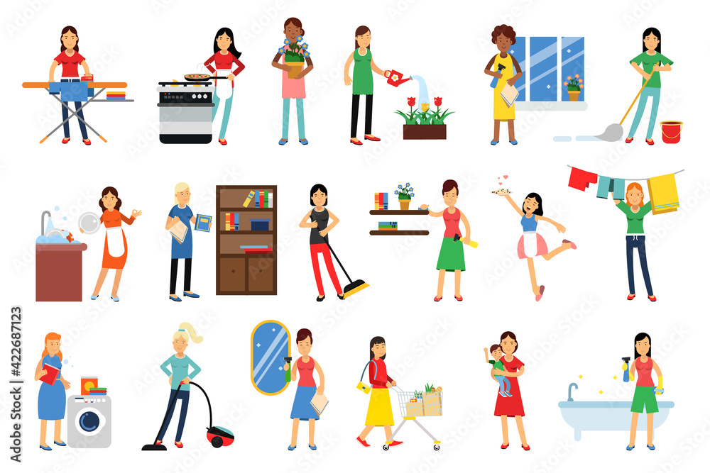 Energetic Housewife Cooking, Doing Shopping and Cleaning House Vector Illustration Set