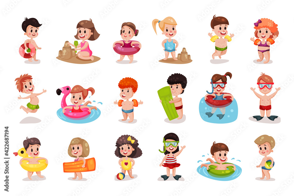 Little Boy and Girl in Beach Wear with Rubber Ring Swimming and Building Sand Castle Vector Illustration Set