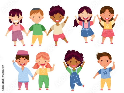 Multiethnic Children Holding Hands and Smiling Vector Set