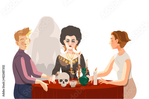 Woman as Fortune Teller or Psychic at Table with Candle and Skull Performing Occult Ritual with Clients Vector Illustration
