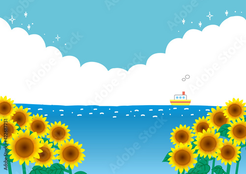 Fototapeta Naklejka Na Ścianę i Meble -  夏の海と入道雲と空と向日葵の風景イラスト