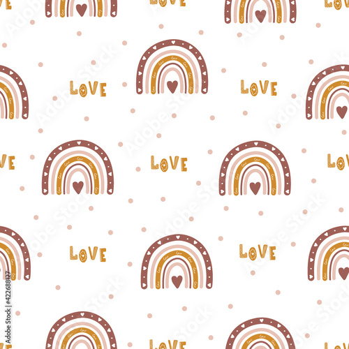 Seamless pattern with abstract rainbow and hearts. Contemporary design for wallpaper and home decor. Modern vector illustration in boho style.