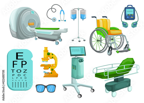 Set of hospital medical equipment and devices vector cartoon. Tomograph, scanner, X-ray, MRI, fluorography, mammography. Health system, medical concept for advertising, apps