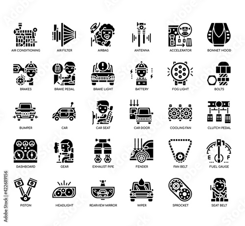 Set of Automotive Spare Part thin line and pixel perfect icons for any web and app project.