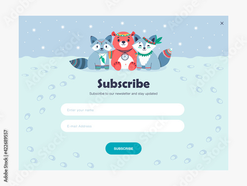 Email subscription design with cute tribal animals. Online newsletter template with subscribing button and tracks on snow. Forest wildlife and woodland concept. Design for website illustration