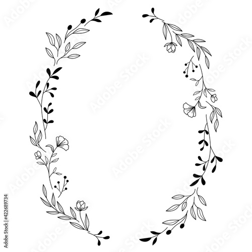 Floral Wreath branch in hand drawn style. Floral round black and white frame of twigs  leaves and flowers. Frames for the Valentine s day  wedding decor  logo and identity template. 