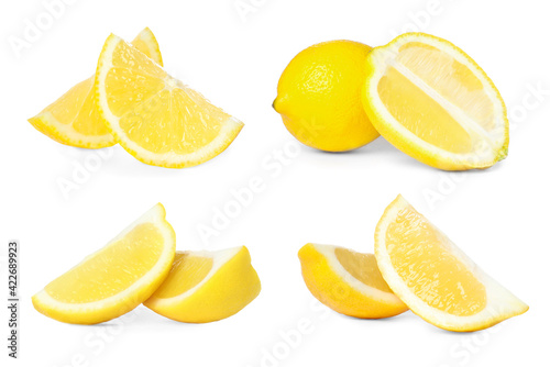 Set with fresh ripe lemons on white background