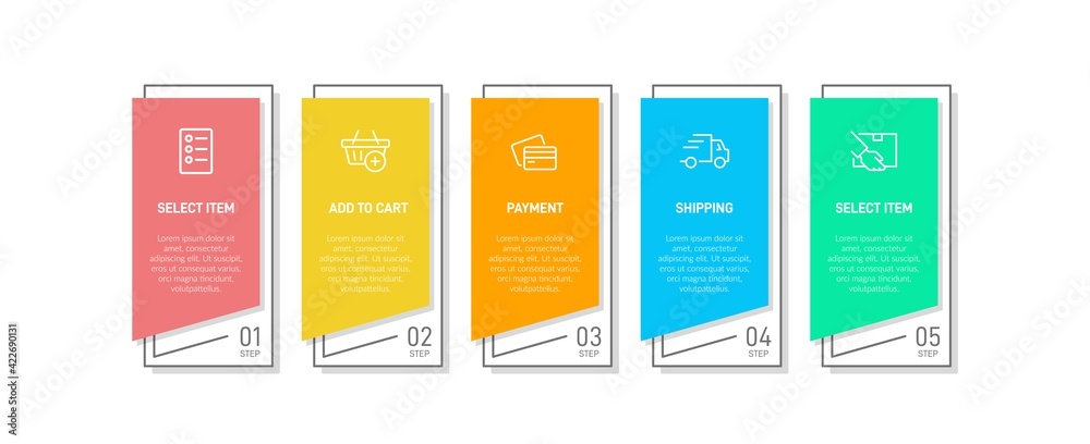 Concept of shopping process with 5 successive steps. Five colorful graphic elements. Timeline design for brochure, presentation, web site. Infographic design layout. Concept of shopping process with 5 successive steps. Five colorful graphic elements. Timeline design for brochure, presentation, web site. Infographic design layout.