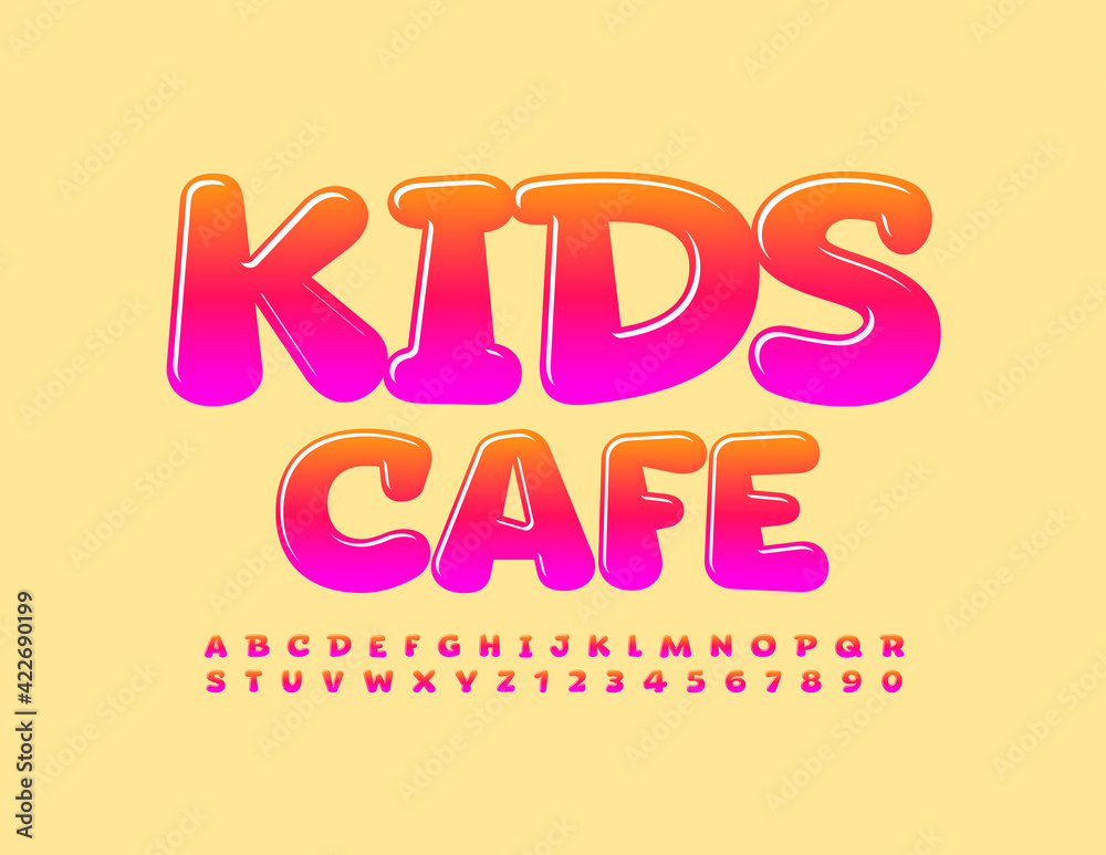 Vector modern logo Kids Cafe. Bright Colorful Font. Cute Alphabet Letters and Numbers set