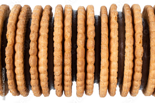 Top view of baked cookies isolated on white background. Desserts with chocolate cookies. Baked chocolate chip cookies isolated.