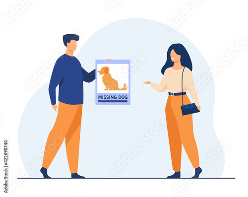 Man holding placard with missing dog and looking for it. Owner, search, friend flat vector illustration. Animals and pets concept for banner, website design or landing web page