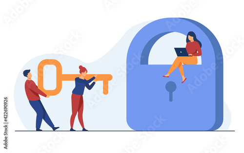 Tiny people carrying key to open padlock. Password, laptop, confidential flat vector illustration. Security and protection concept for banner, website design or landing web page