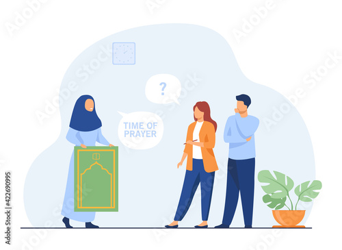 Muslim woman going to pray and explaining it people. Mat, prayer, hijab flat vector illustration. Religion and faith concept for banner, website design or landing web page