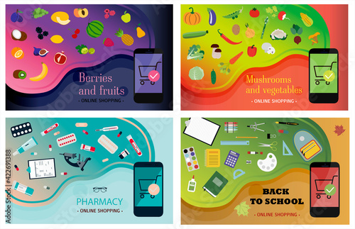 Set of smartphone screens with ordering vegetables, fruits, pharmacy and office supplies. Illustration of the app with home delivery. Flat vector online stores. Poster for an ad, banner for a website