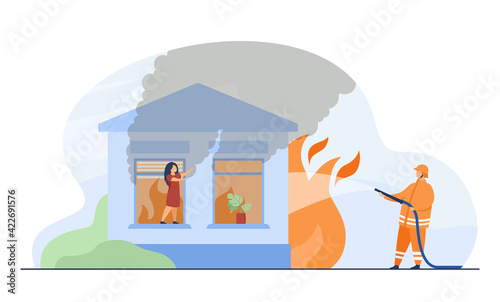 Professional firefighter extinguishing fire in house. Girl, window, flame flat vector illustration. Firefighting and emergency service concept for banner, website design or landing web page
