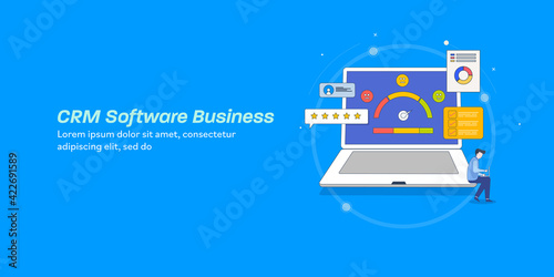 CRM, customer experience, satisfaction and relationship management software system business, company people working with CRM technology. Web banner template, outline style. 