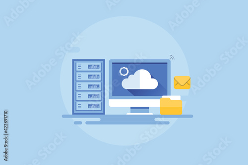 Cloud computing, web server hosting, online database management and cloud network connection, internet communication technology web banner template.
