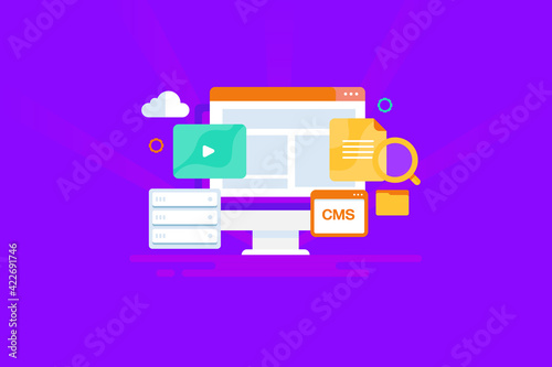 CMS - Content management system - Flat design web banner template. Business communication and internet technology, blogging, website content software.