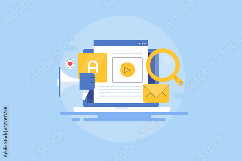 Thin outline concept of content marketing background.  Blogging, content promotion, freelancing, content research and writing, publication on social network. 