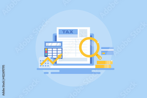 Income tax, company accounting audit  report flat design template. Financial service, business concept.