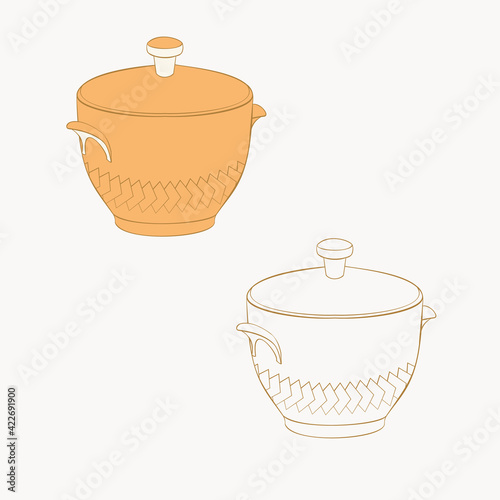 jpeg, outline, illustration, saucepan, classic, isolated, white background, beige, squares decoration, line, kitchen, metal, porcelain, round, cooking, home, design, minimalism, mood, art, retro, clas