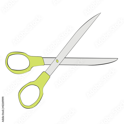 An outline vector illustration of metal scissors with bright green handles isolated on white background. Designed in a classic style for templates, wraps