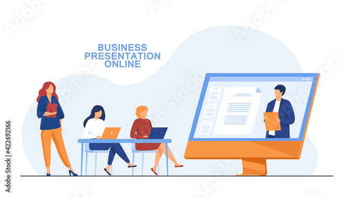 Businesswomen listening to presentation online. Screen, company, laptop flat vector illustration. Business meeting and communication concept for banner, website design or landing web page