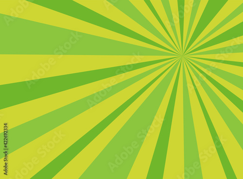 Sunlight rays horizontal background. Green color burst background.