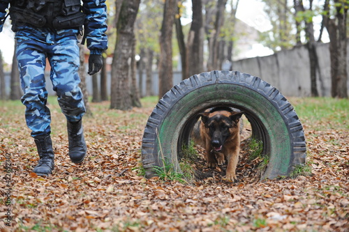 Almaty, Kazakhstan - 11.04.2014 : A dog handler trains a service dog on a special site of the center