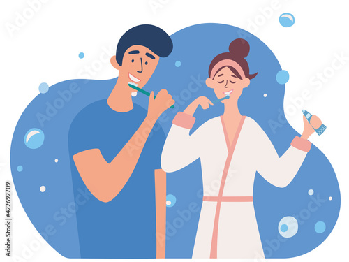 Young Couple brushing teeth together. Boyfriend and girlfriend in bathroom together. Morning routine, taking care of dental health. Everyday hygienic procedure. Vector illustration in a flat style