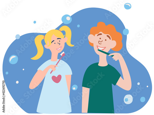 Children a boy and a girl brush their teeth. Morning routine, taking care of dental health. Brother and sister cartoon characters. Kids dental health and personal hygiene concept.