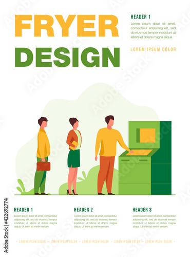 People waiting in queue for bank machine vector illustration. Customers standing in line for payment. Withdrawing money in bank