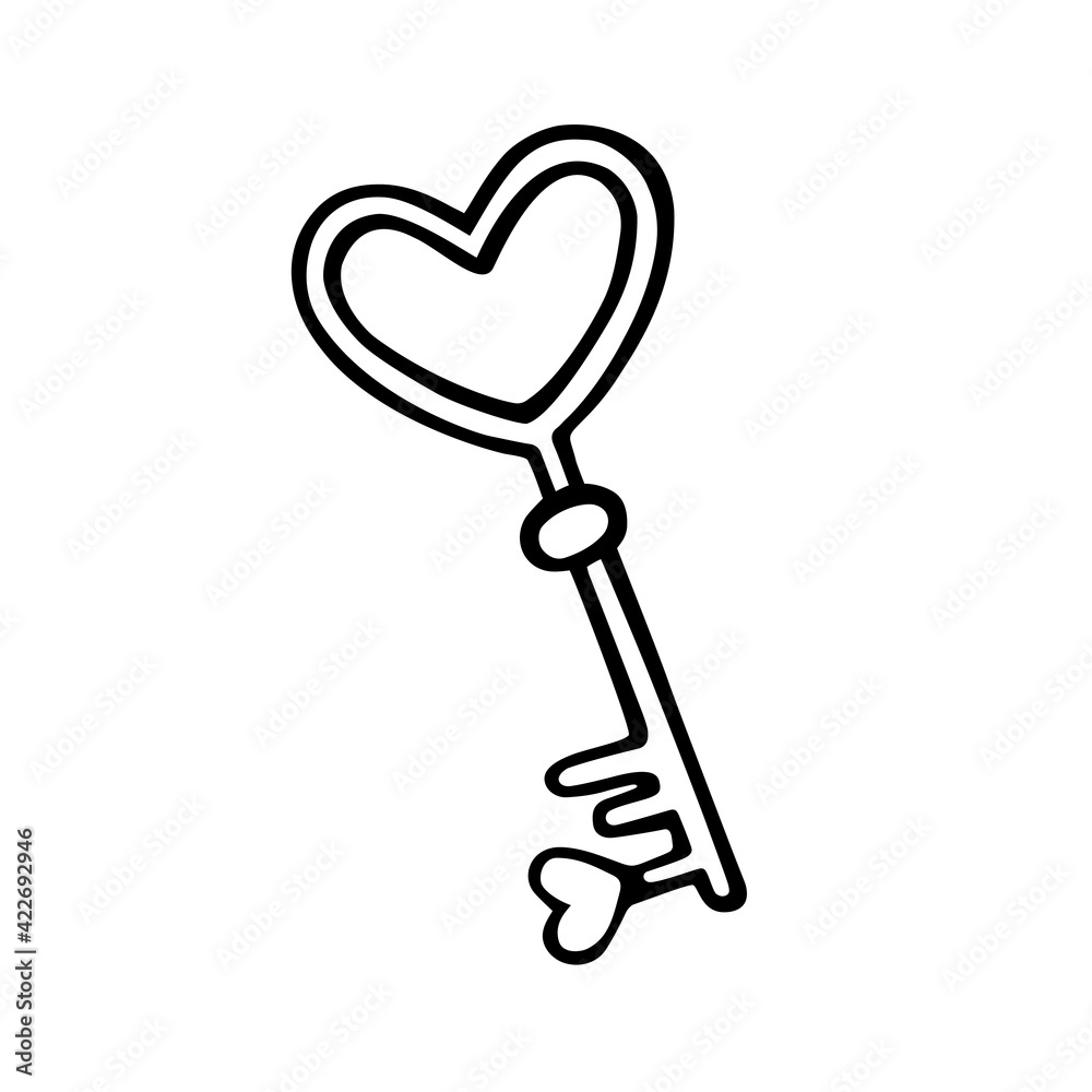 A key with a heart shape in doodle style, isolated on white background. Vector illustration of a little clue. A declaration of love and romantic feelings. For greeting card, poster, Valentine's day. A key with a heart shape in doodle style, isolated on white background. Vector illustration of a little clue. A declaration of love and romantic feelings. For greeting card, poster, Valentine's day.
