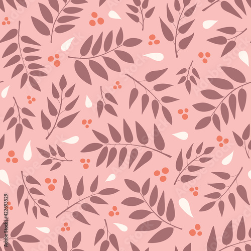 Autumn leaf pattern design. Cute seasonal vector seamless repeat of foliage and berries in warm winter colours. Multi directional background illustration. 