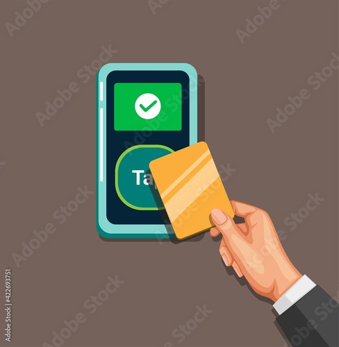 Hand tap card, contacless payment technology symbol in cartoon illustration vector