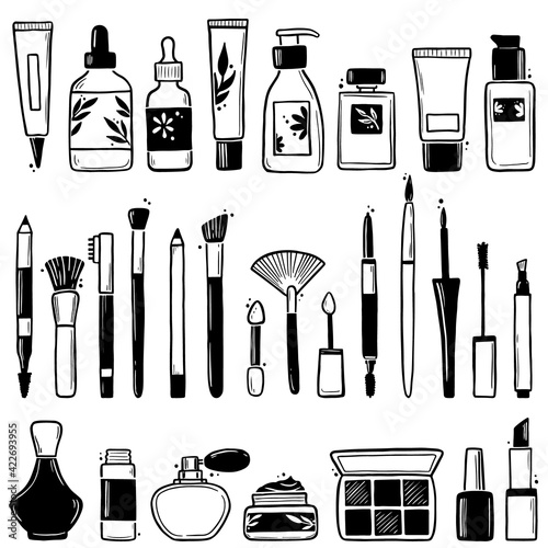 Hand drawn set of makeup beauty cosmetic elements, mascara, cream bottle, nail product, skin brush. Doodle sketch style. Illustration for makeup, beauty salon, cosmetic store icon, background design.