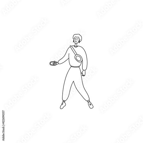 Illustration of man walking and talking on phone. Guy is talking on mobile phone on go. Male character records voice message and listens audio, podcast. Vector linear illustration. Hand drawn graphic