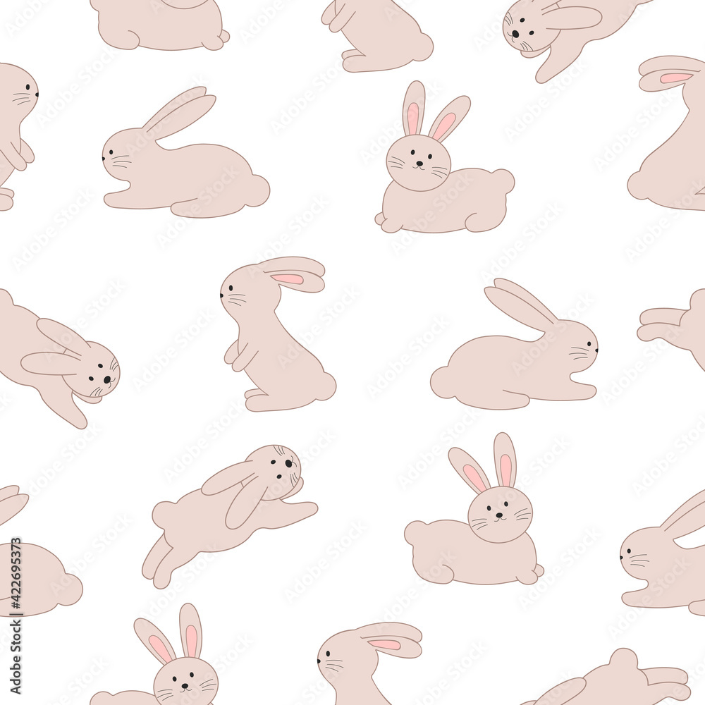 Seamless pattern with cute bunnies on a white background. Fabric pattern design. Pastel color. Vector illustration.