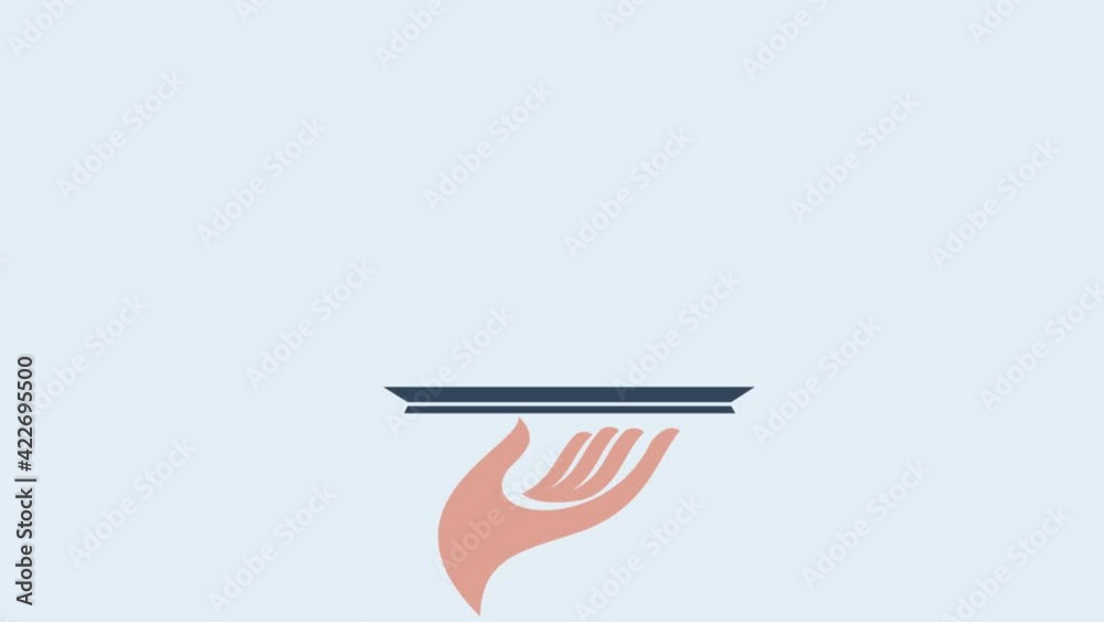 Hand of waiter with tray and cloche. Animated illustration for restaurant service, menu, hotel and catering.