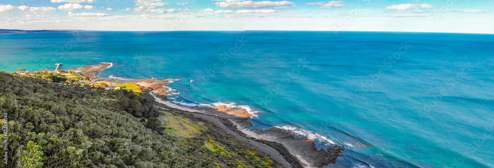 Coastline of Lorne along the Great Ocean Road, Australia. Panoramic aerial view