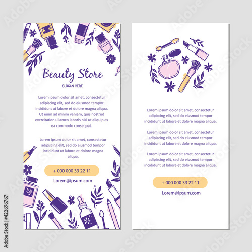 Hand drawn template with makeup beauty cosmetic elements, mascara, cream bottle, skin brush. Doodle sketch style. Illustration for makeup, beauty salon, cosmetic store flyer, brochure design.
