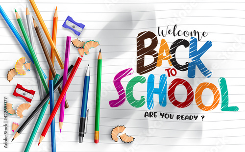 Back to school vector template banner. Welcome back to school text written in crumpled paper sheet with educational supplies items for education study design. Vector illustration
