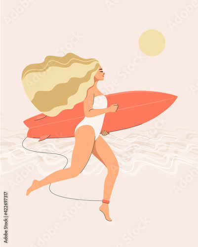 A vector blonde woman in a swimsuit runs with a surf in her hands on the beach © Iuliia
