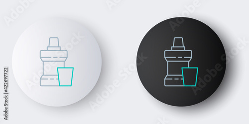 Line Mouthwash plastic bottle and glass icon isolated on grey background. Liquid for rinsing mouth. Oralcare equipment. Colorful outline concept. Vector